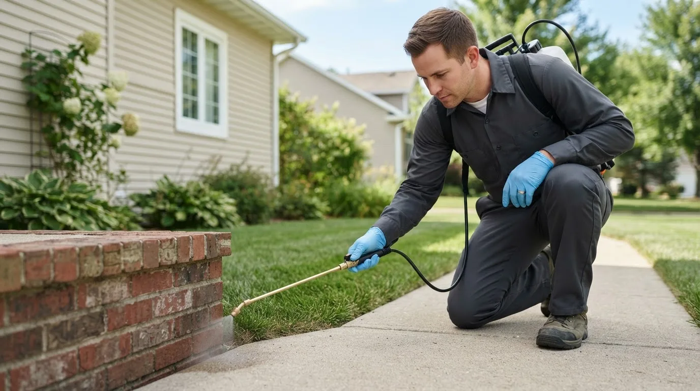 Pest control technician treating a home near New Brockton, AL